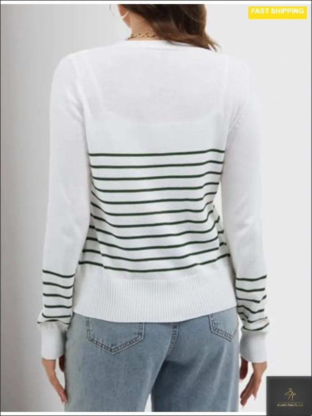 Striped Button Down V-Neck Open Front Long Sleeve Knit Cardigan Sweater